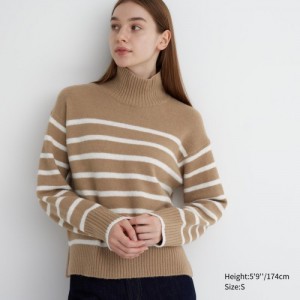 Women Uniqlo Souffle Yarn Striped High Neck Long-Sleeve Sweaters Beige | 9690405