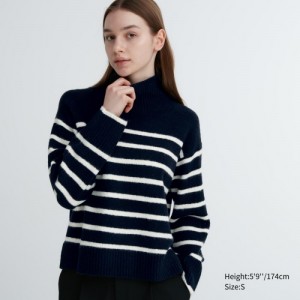 Women Uniqlo Souffle Yarn Striped High Neck Long-Sleeve Sweaters Navy | 6318748