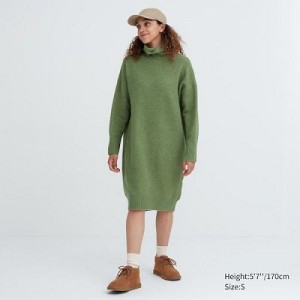 Women Uniqlo Souffle Yarn Turtleneck Dress Green | 4487470