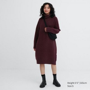 Women Uniqlo Souffle Yarn Turtleneck Dress Burgundy | 3772794