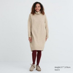 Women Uniqlo Souffle Yarn Turtleneck Dress Beige | 7025530