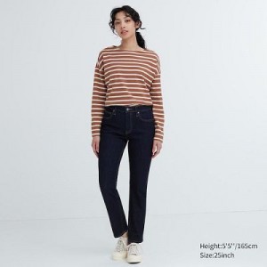 Women Uniqlo Stretch Slim Straight Jeans Navy | 7961567