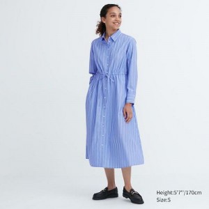 Women Uniqlo Striped Cotton Long-Sleeve Dress Blue | 348666