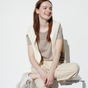 Women Uniqlo Supima Cotton Crew Neck Short Sleeve T Shirts Beige | 4571754