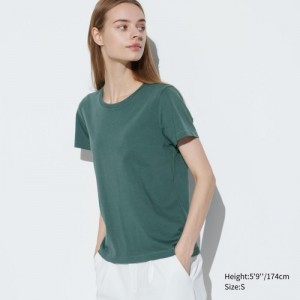 Women Uniqlo Supima Cotton Crew Neck Short Sleeve T Shirts Green | 3513922