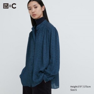 Women Uniqlo Volume Long-Sleeve Blouse Blue | 1310138