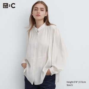 Women Uniqlo Volume Long-Sleeve Blouse White | 2266428