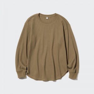 Women Uniqlo Waffle Crew Neck Long-Sleeve T Shirts Brown | 2262418