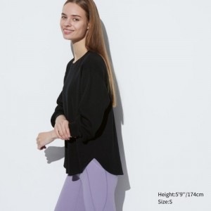 Women Uniqlo Waffle Crew Neck Long-Sleeve T Shirts Black | 1320265