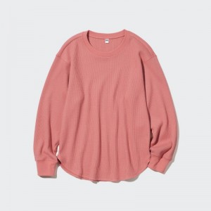 Women Uniqlo Waffle Crew Neck Long-Sleeve T Shirts Pink | 5557108