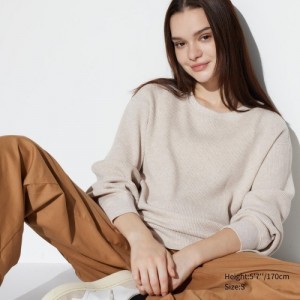Women Uniqlo Waffle Crew Neck Long-Sleeve T Shirts Beige | 4276750