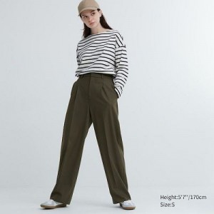 Women Uniqlo Wide-Fit Pleated Pants Olive | 1005976