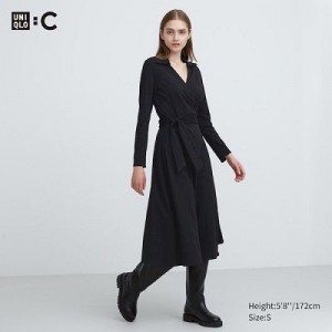 Women Uniqlo Wrap Long-Sleeve Dress Black | 5947015