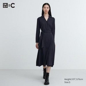 Women Uniqlo Wrap Long-Sleeve Dress Navy | 6755989