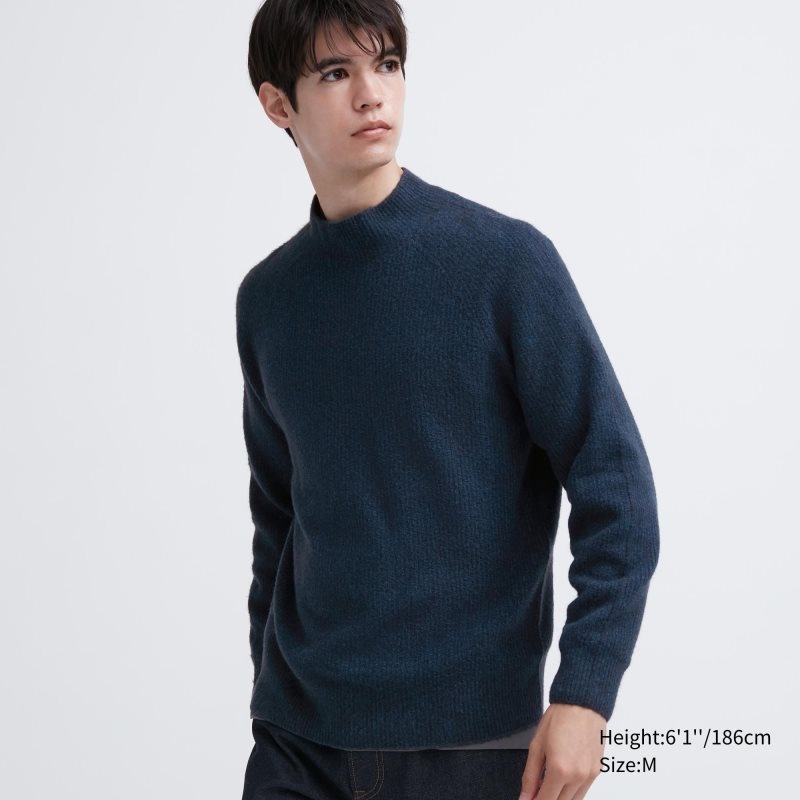 Men Uniqlo 3d Knit Souffle Yarn Mock Neck Sweaters Blue | 3886652