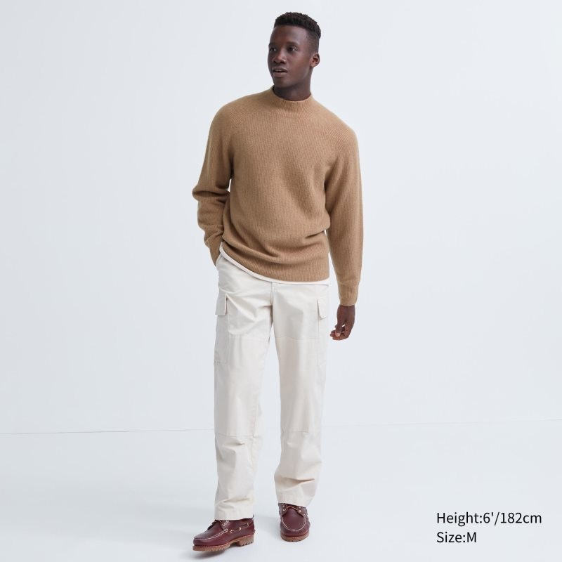 Men Uniqlo 3d Knit Souffle Yarn Mock Neck Sweaters Brown | 6933984