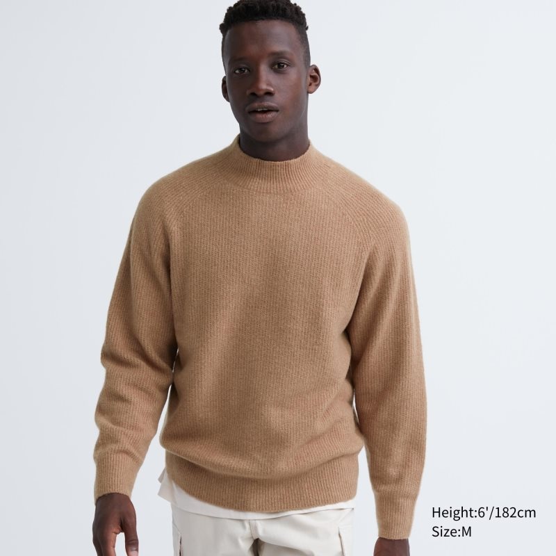 Men Uniqlo 3d Knit Souffle Yarn Mock Neck Sweaters Brown | 6933984