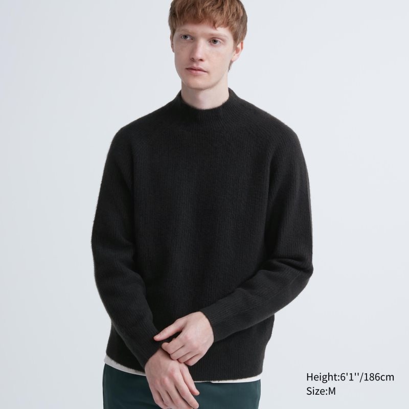 Men Uniqlo 3d Knit Souffle Yarn Mock Neck Sweaters Black | 5694718