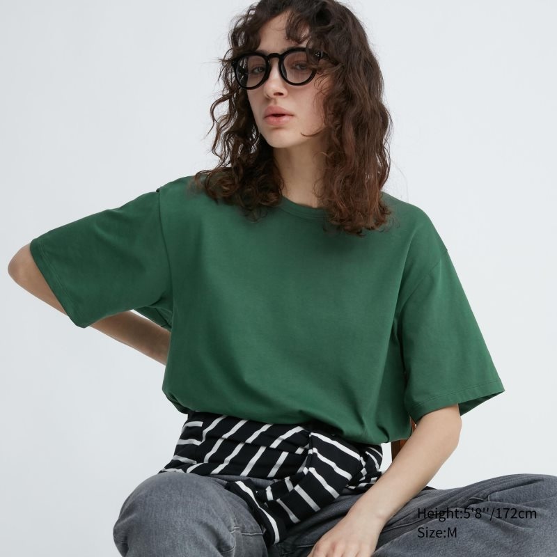 Men Uniqlo Airism Cotton Crew Neck T Shirts Green | 9465665