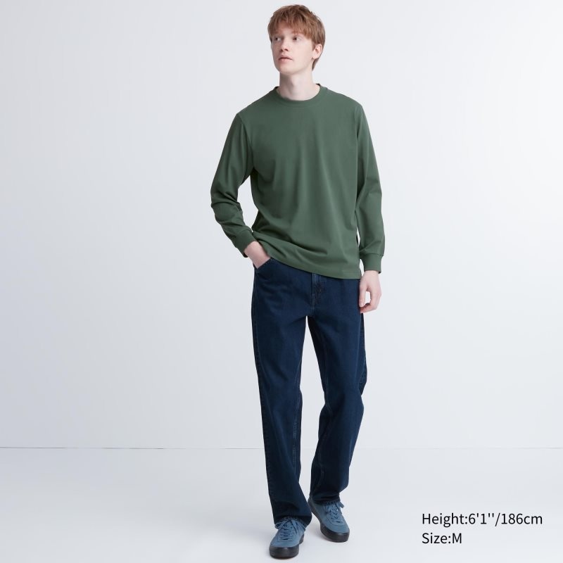 Men Uniqlo Airism Cotton Uv Protection Crew Neck Long-sleeve T Shirts Green | 8730197
