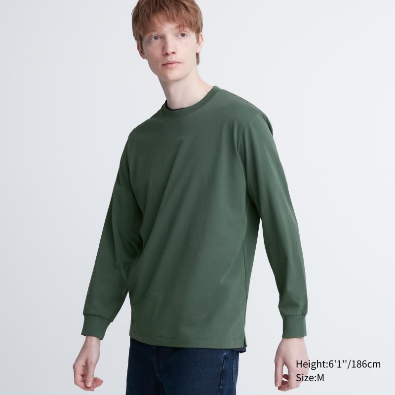 Men Uniqlo Airism Cotton Uv Protection Crew Neck Long-sleeve T Shirts Green | 8730197
