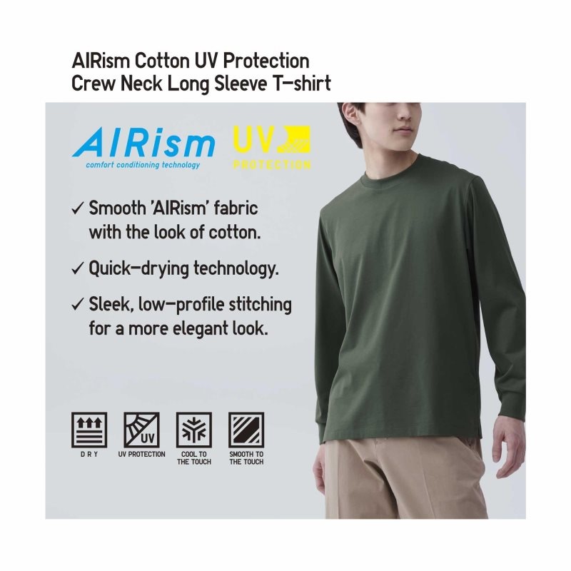 Men Uniqlo Airism Cotton Uv Protection Crew Neck Long-sleeve T Shirts Black | 5066243