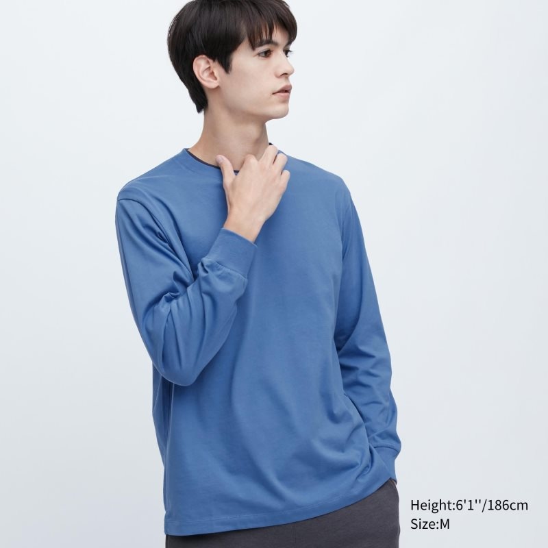 Men Uniqlo Airism Cotton Uv Protection Crew Neck Long-sleeve T Shirts Blue | 447930