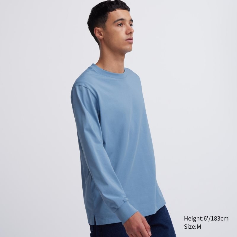 Men Uniqlo Airism Cotton Uv Protection Crew Neck Long-sleeve T Shirts Blue | 2910080