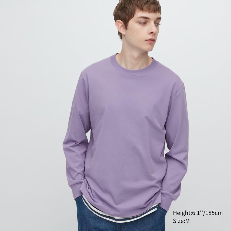Men Uniqlo Airism Cotton Uv Protection Crew Neck T Shirts Purple | 2102420