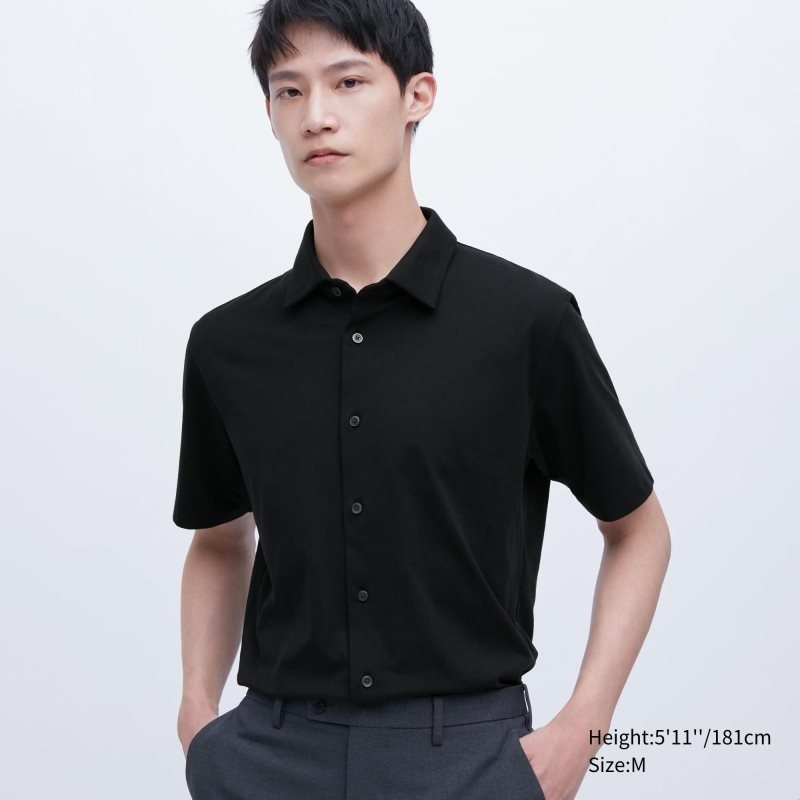 Men Uniqlo Airism Full Open Short-sleeve Polo Shirts Black | 8114062
