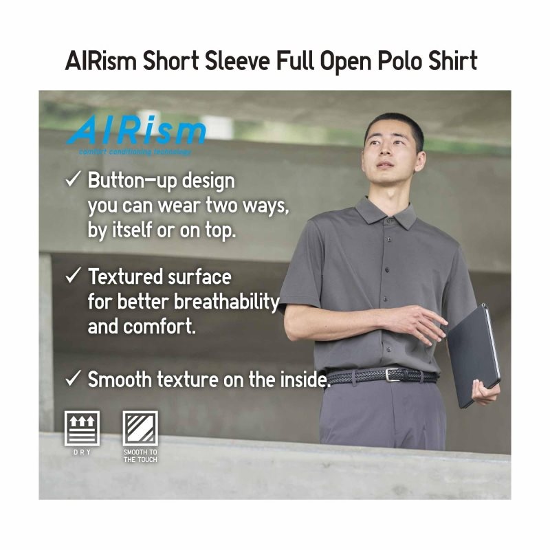 Men Uniqlo Airism Full Open Short-sleeve Polo Shirts Grey | 3593384