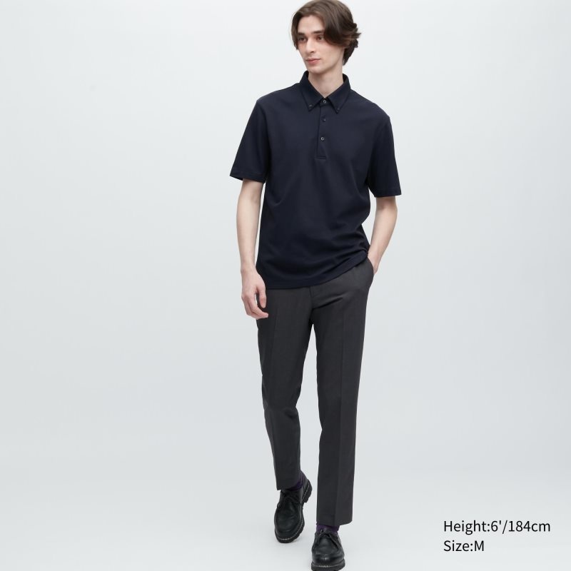 Men Uniqlo Airism Pique Short-sleeve Polo Shirts Navy | 9863355