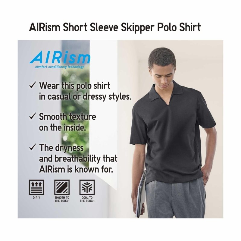 Men Uniqlo Airism Skipper Collar Polo Shirts Black | 2090439