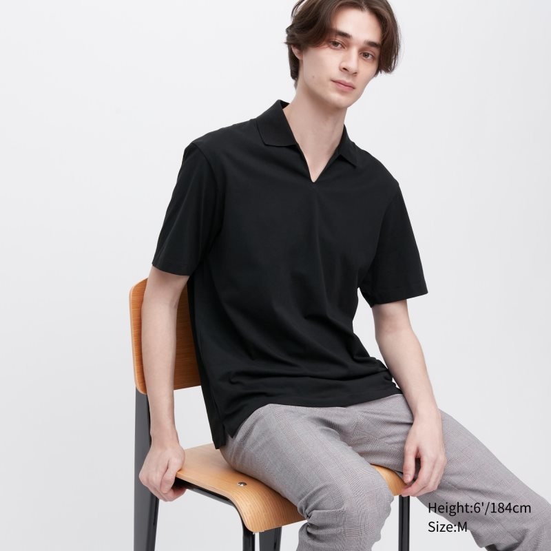 Men Uniqlo Airism Skipper Collar Polo Shirts Black | 2090439