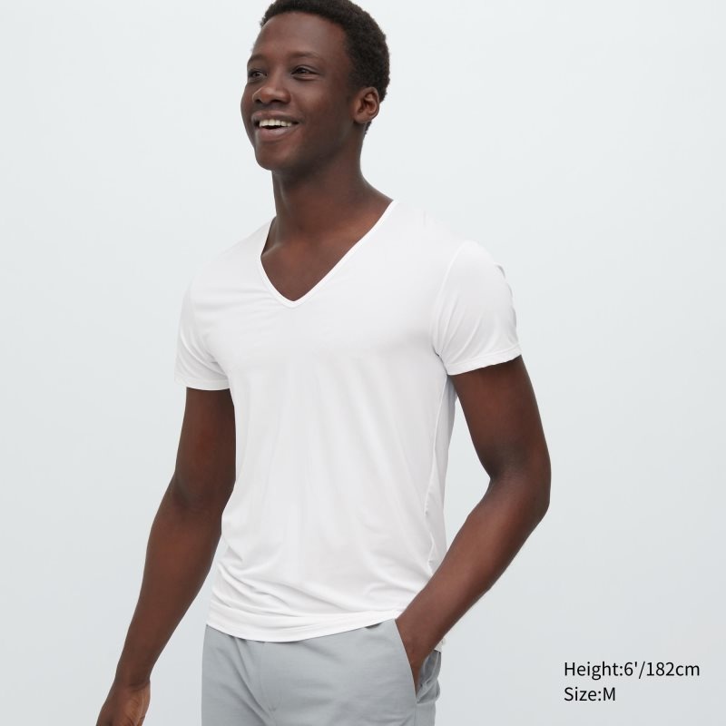 Men Uniqlo Airism V-neck Short-sleeve T Shirts White | 6713635