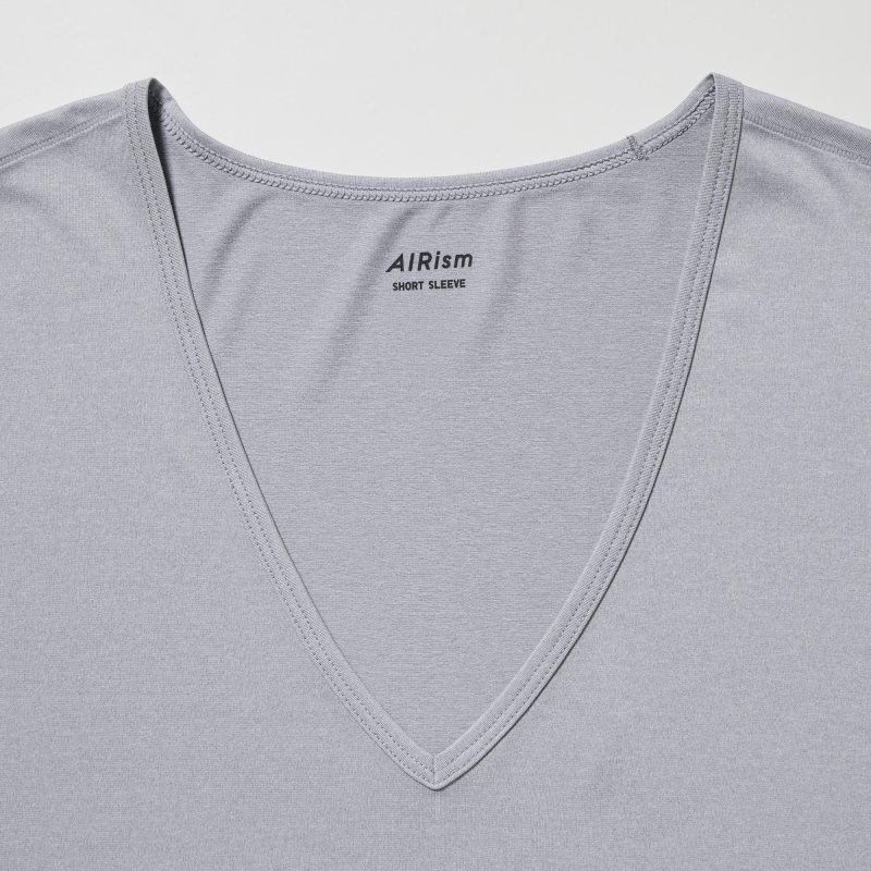 Men Uniqlo Airism V-neck Short-sleeve T Shirts Grey | 3699984
