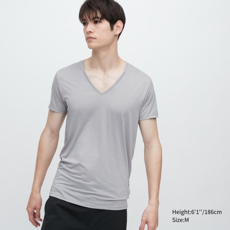 Men Uniqlo Airism V-neck Short-sleeve T Shirts Grey | 3699984