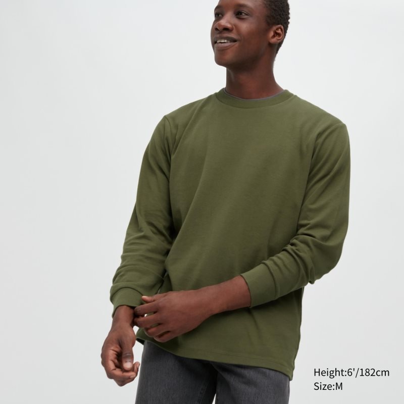 Men Uniqlo Brushed Cotton Crew Neck Long-sleeve T Shirts Olive | 5054791