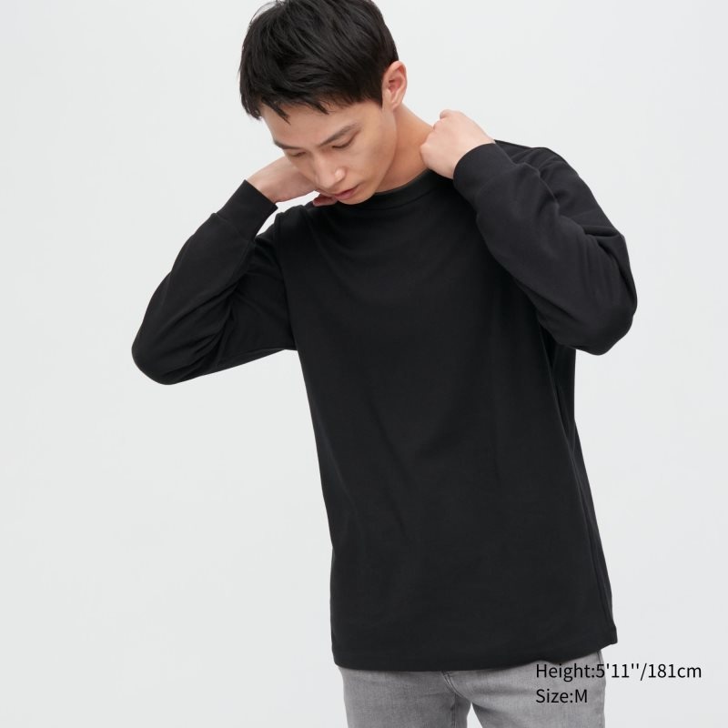 Men Uniqlo Brushed Cotton Crew Neck Long-sleeve T Shirts Black | 9840202