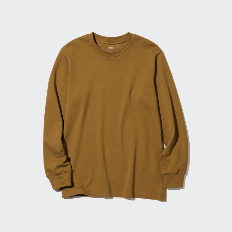 Men Uniqlo Brushed Cotton Crew Neck Long-sleeve T Shirts Brown | 7341241