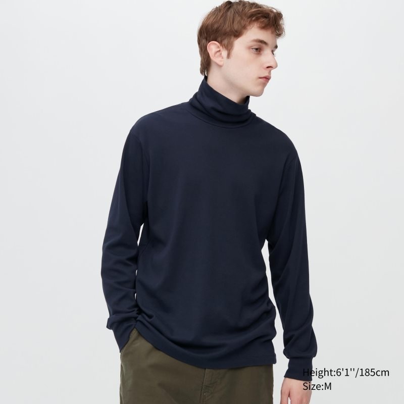 Men Uniqlo Brushed Cotton Turtleneck Long-sleeve T Shirts Navy | 9298186