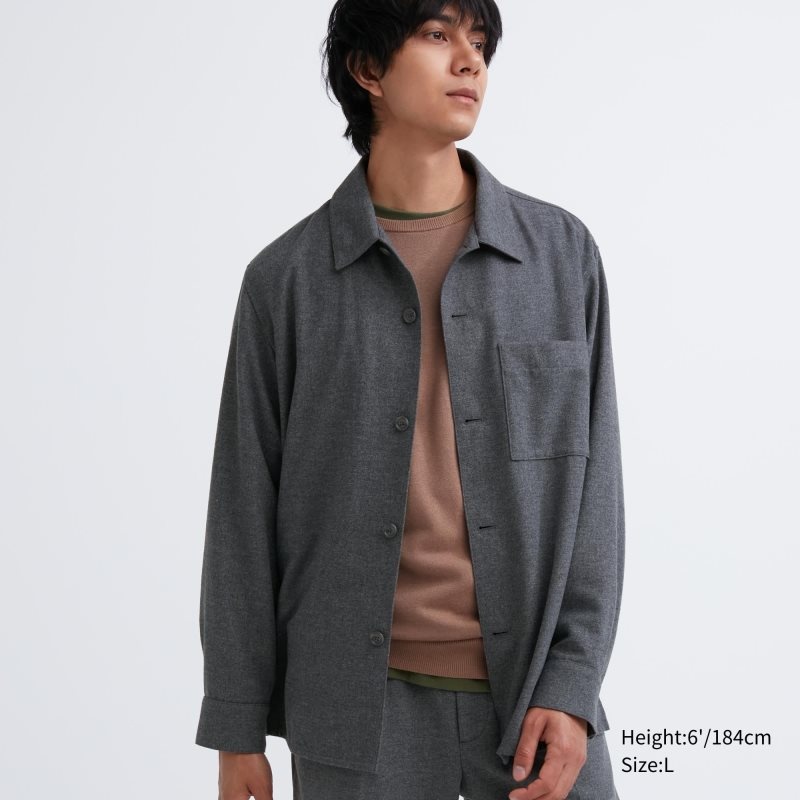 Men Uniqlo Brushed Twill Overshirt Shirts Grey | 8633412