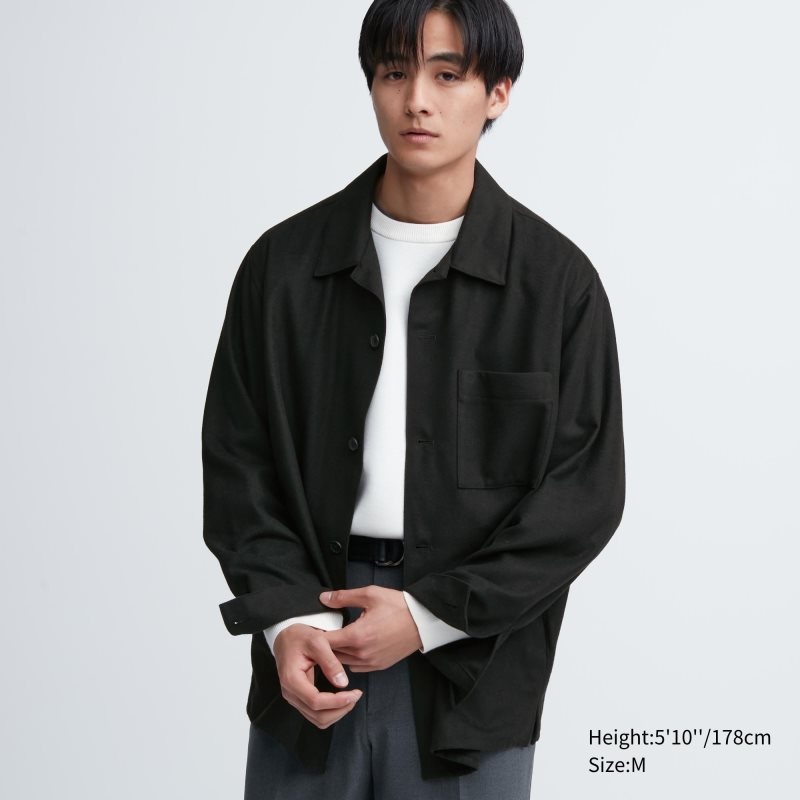 Men Uniqlo Brushed Twill Overshirt Shirts Black | 9071661