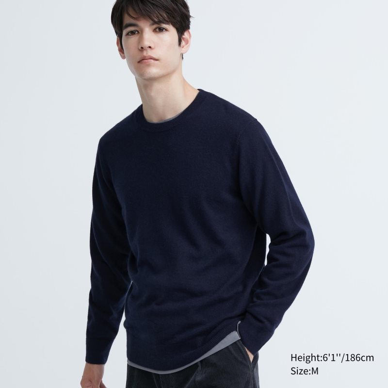 Men Uniqlo Cashmere Crew Neck Long-sleeve Sweaters Navy | 108209