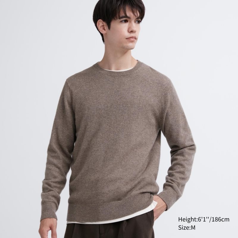 Men Uniqlo Cashmere Crew Neck Long-sleeve Sweaters Brown | 7244952