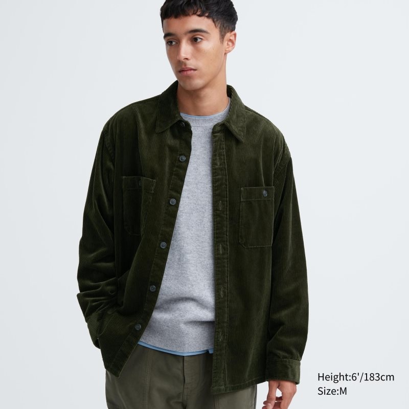 Men Uniqlo Corduroy Work Long-sleeve Shirts Olive | 8292382