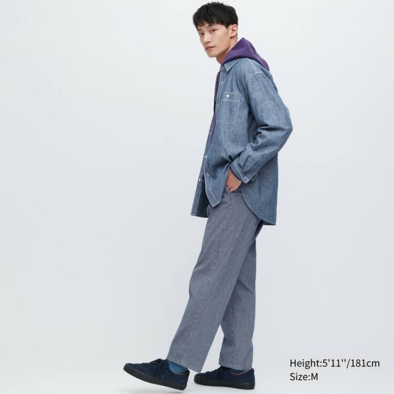 Men Uniqlo Cotton Hickory Relaxed Fit Ankle Length Pants Blue | 7573634