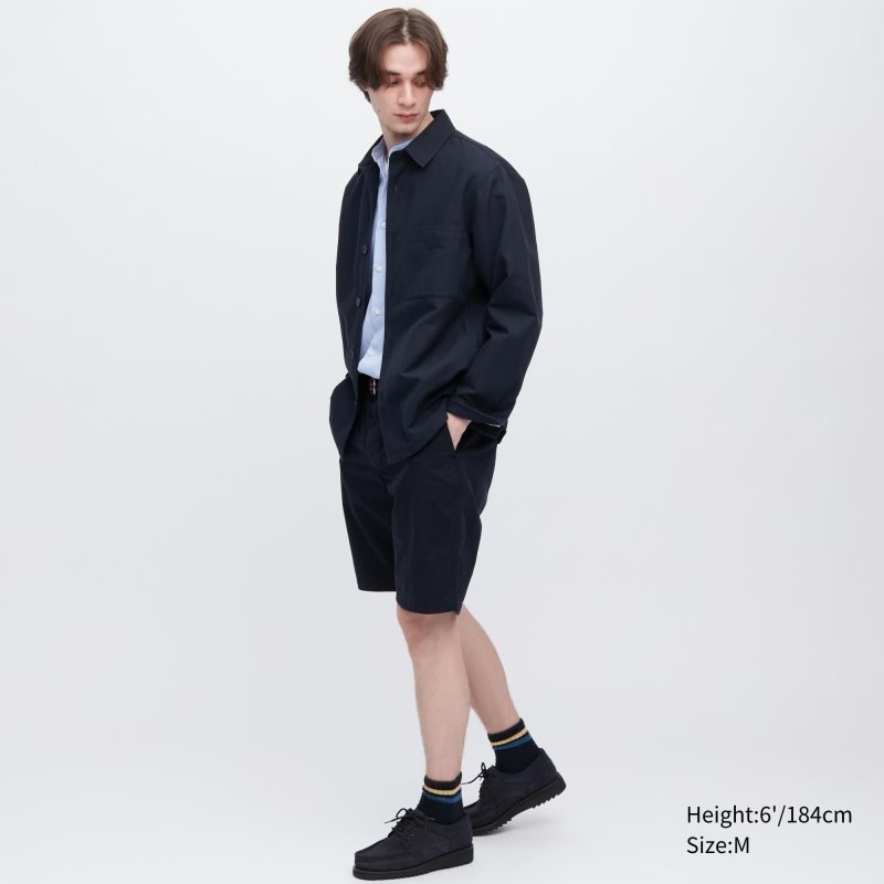 Men Uniqlo Cotton Linen Over Shirt Jackets Navy | 1981160