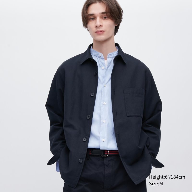Men Uniqlo Cotton Linen Over Shirt Jackets Navy | 1981160