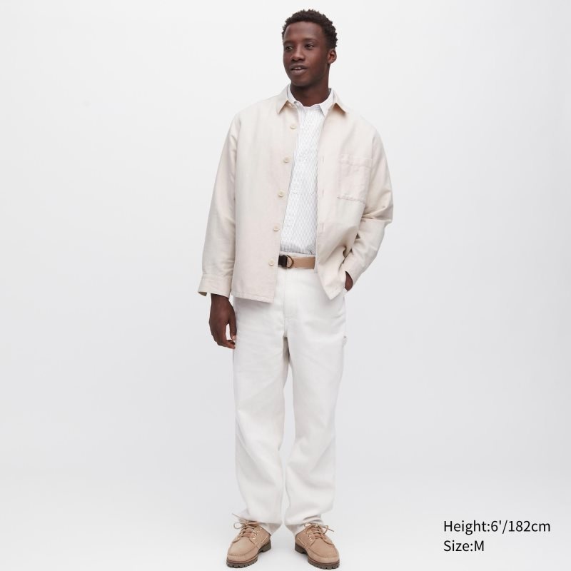 Men Uniqlo Cotton Linen Over Shirt Jackets Beige | 3918569